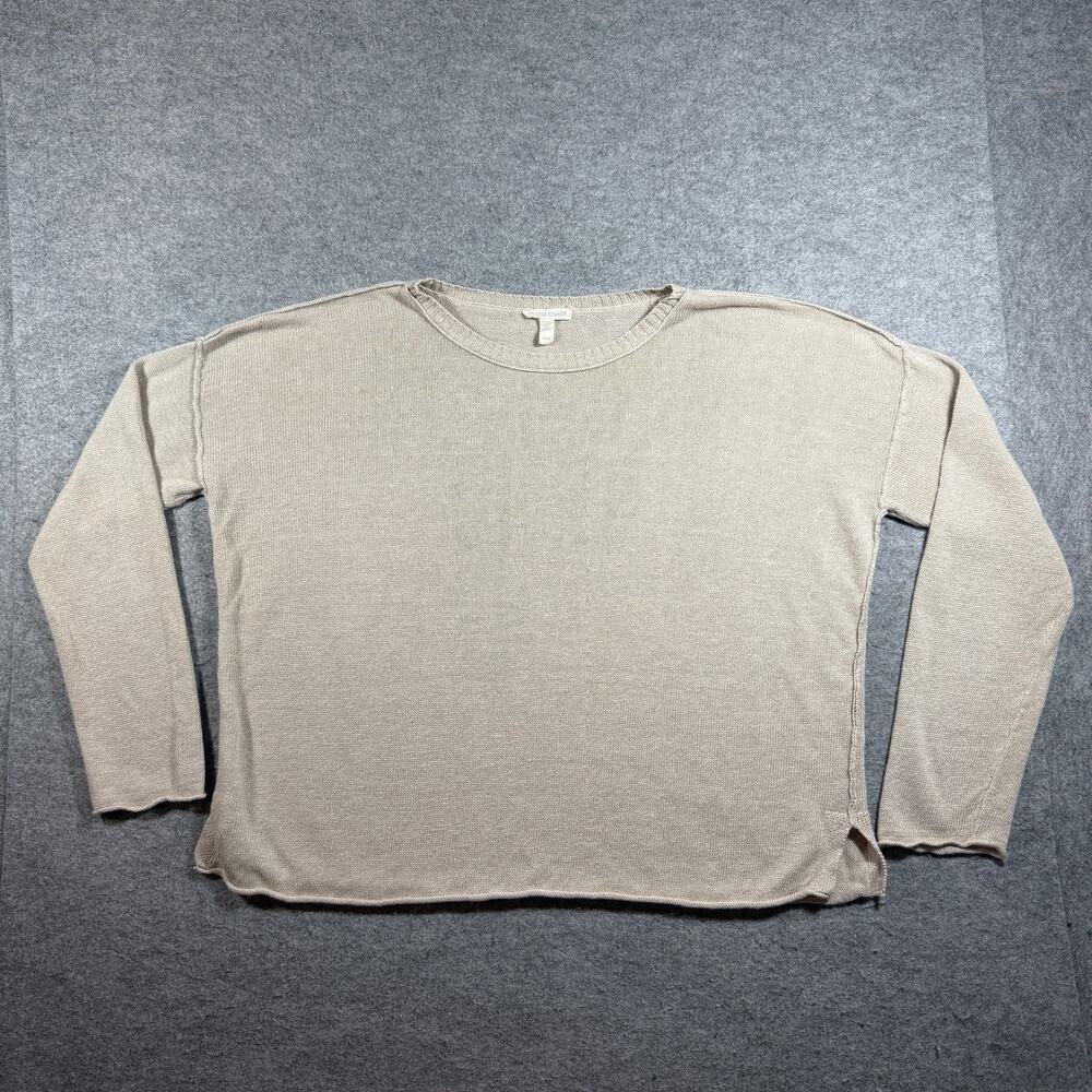 Eileen Fisher Organic Linen Sweater Womens M Gray Crewneck Raw Hem Relaxed Fit